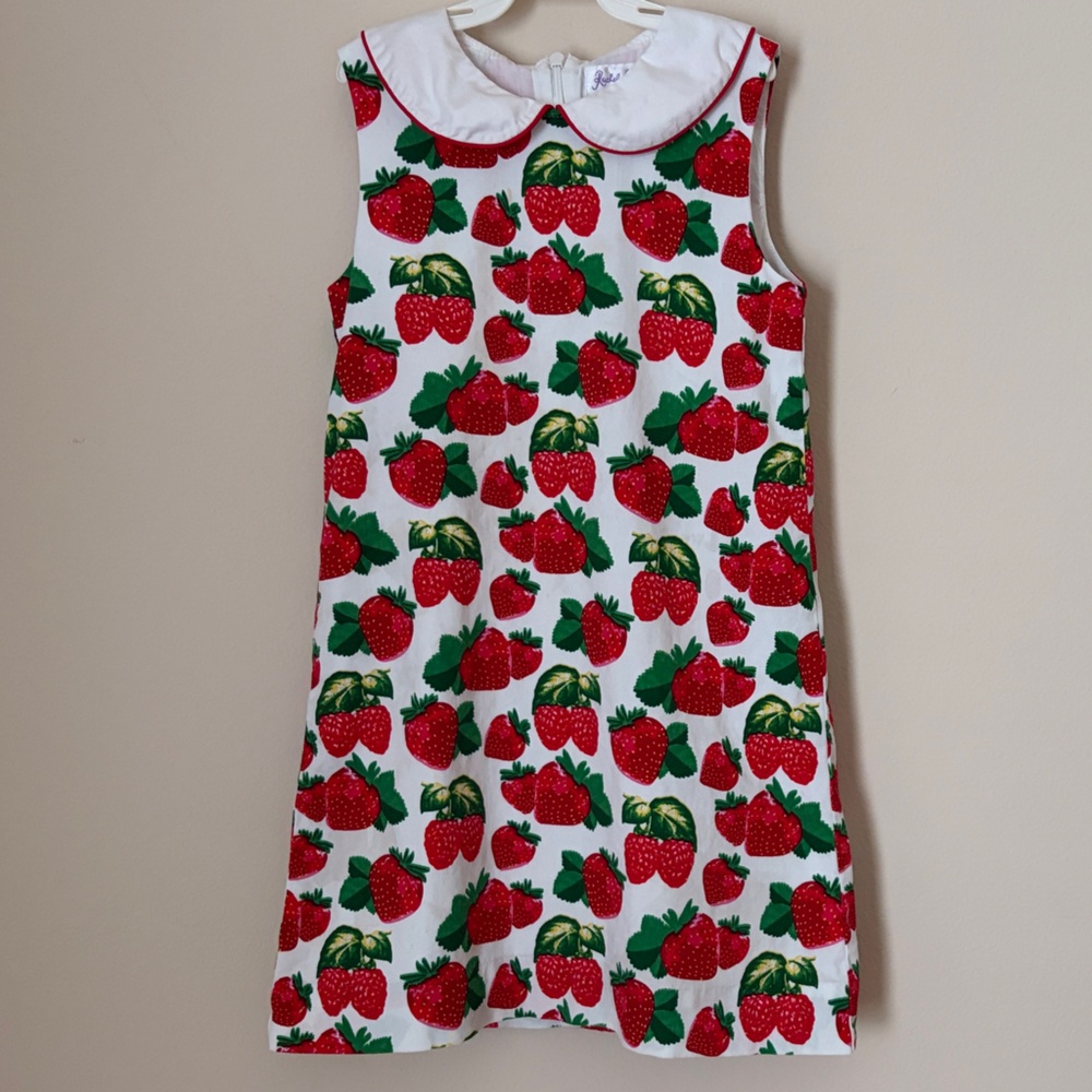 Rachel Riley Strawberry Print Sleeveless Dress with Peter Pan Collar Size 6Y